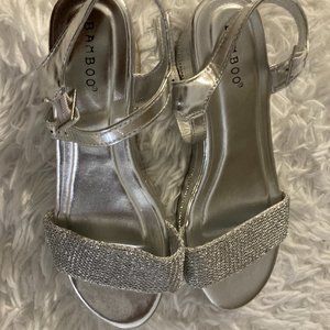 Bamboo Glitter Silver Platform Wedge Sandals with Ankle Strap